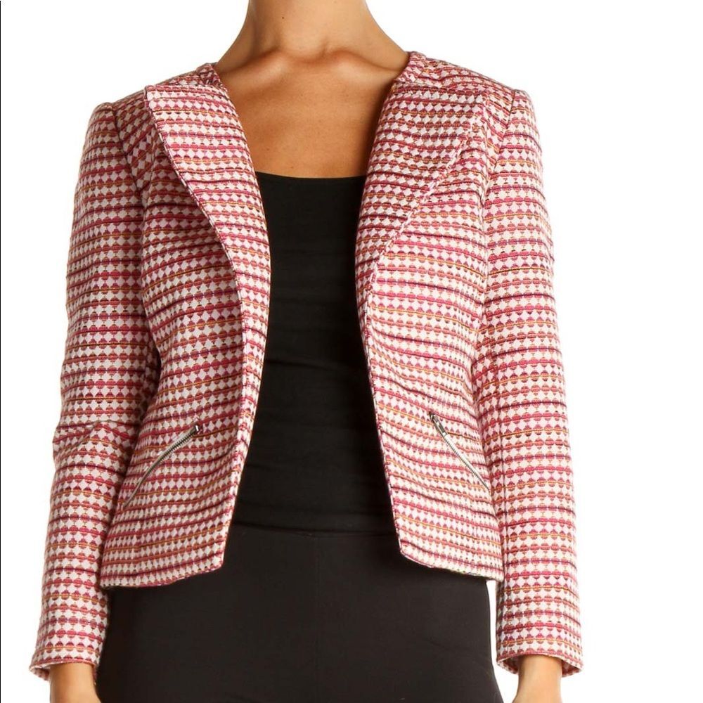 Halogen Pink Tweed Cotton Cropped Tribal Moto Blazer